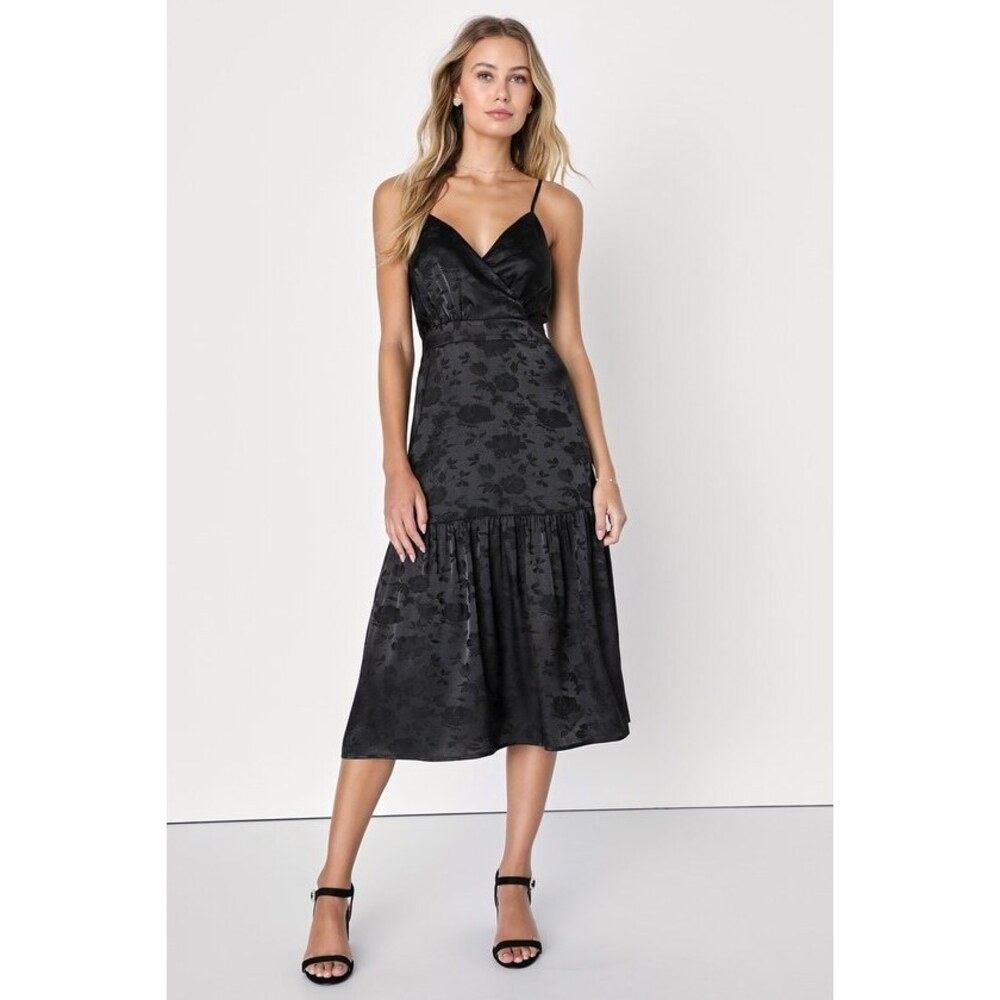 NWT Lulus Be Your Favorite Black Satin Jacquard Midi Dress - Size S
